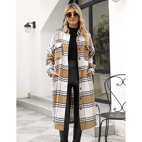 𝅺CASUAL Tan Plaid Button Down Long Puff Sleeve Trench Coat Jacket Shacket Wool - Picture 6 of 10